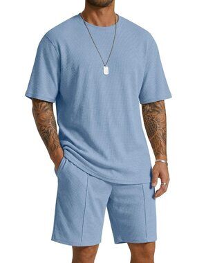 Coofandy Light Blue Polyester Casual Cotton T Shirt Shorts Tracksuits 2 Pieces
